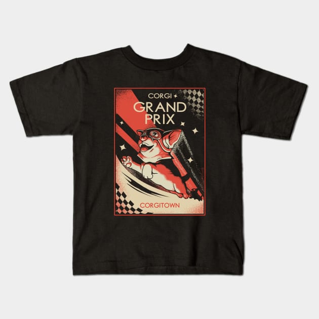 The Great Corgi Grand Prix of Corgitown Kids T-Shirt by artlahdesigns